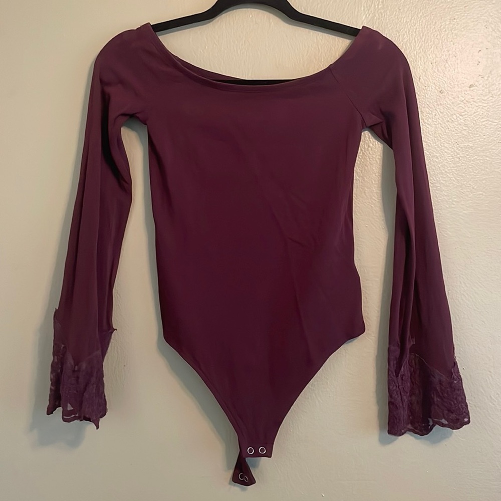 Express Boatneck Bodysuit Burgundy Maroon Lace Bell Sleeves XS